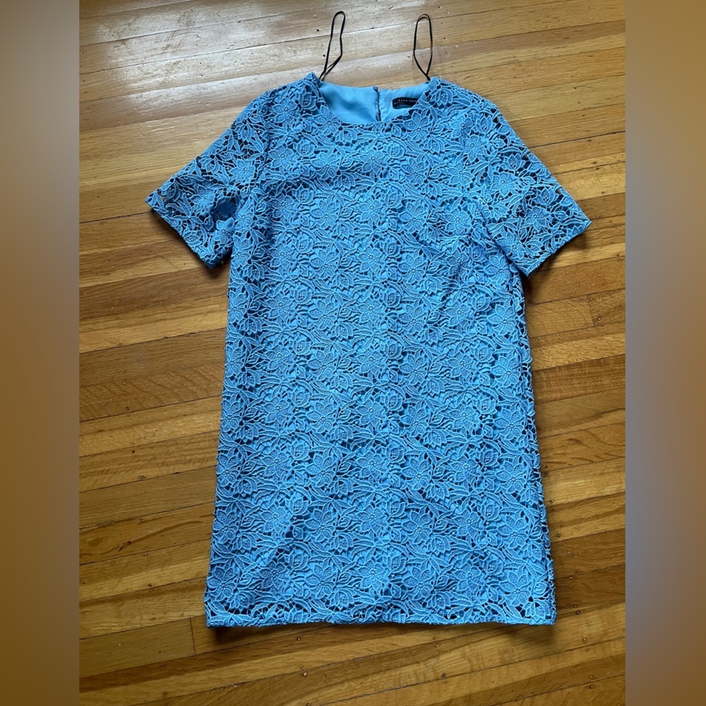 Zara 60s lace dusty cornflower blue shift mini dress vintage inspired M romantic